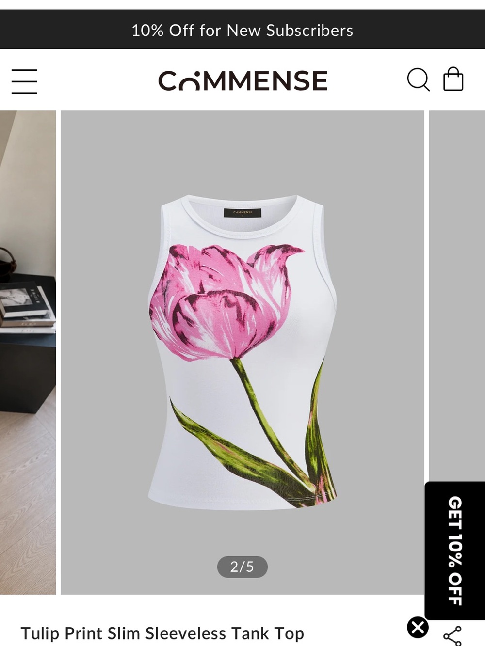 Commense White Tank Top with Pink Tulip Print
